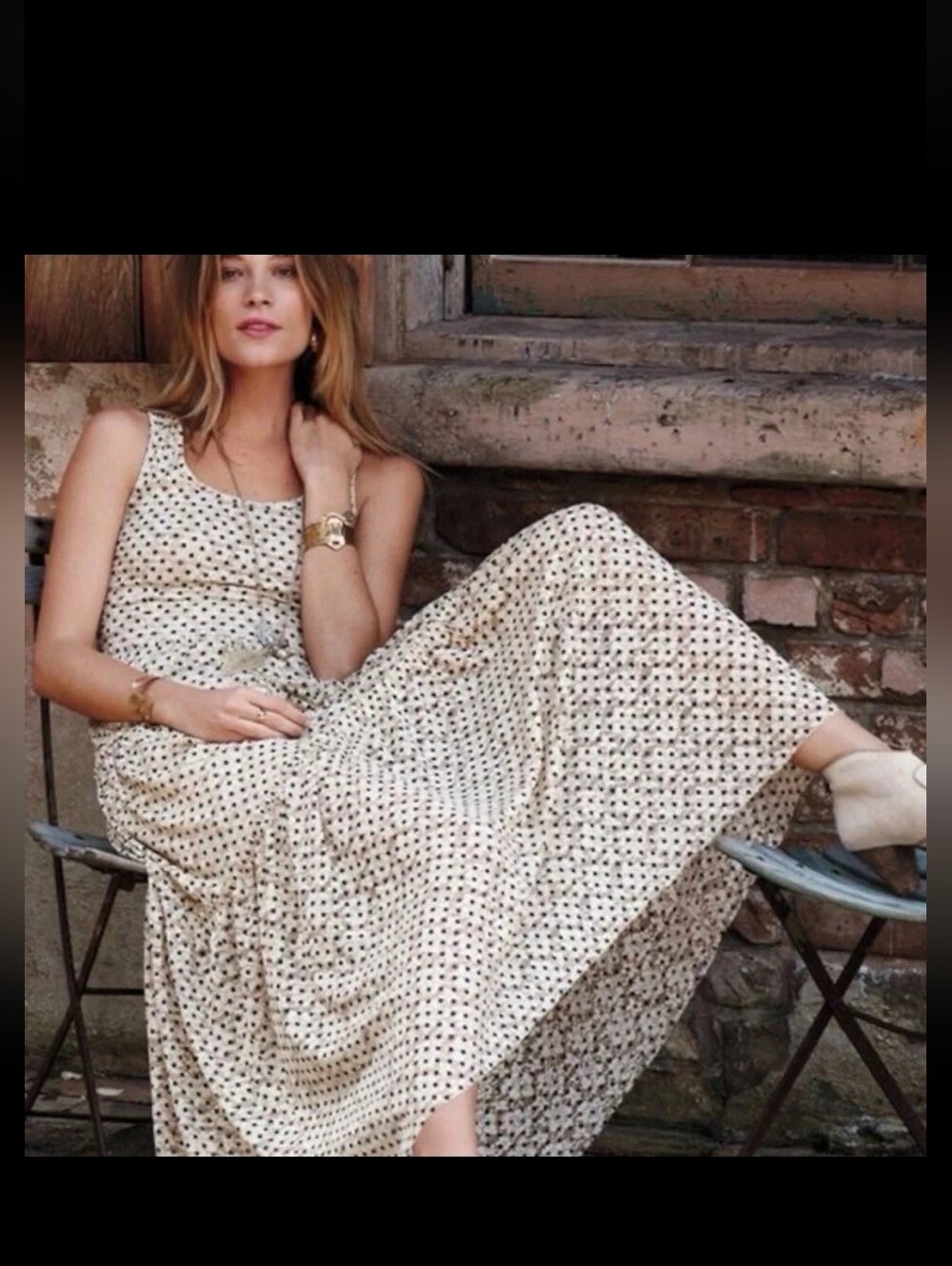 Anthropologie Meadow Rue Marigny Maxi Cream Dress with Black Polka Dots S lace